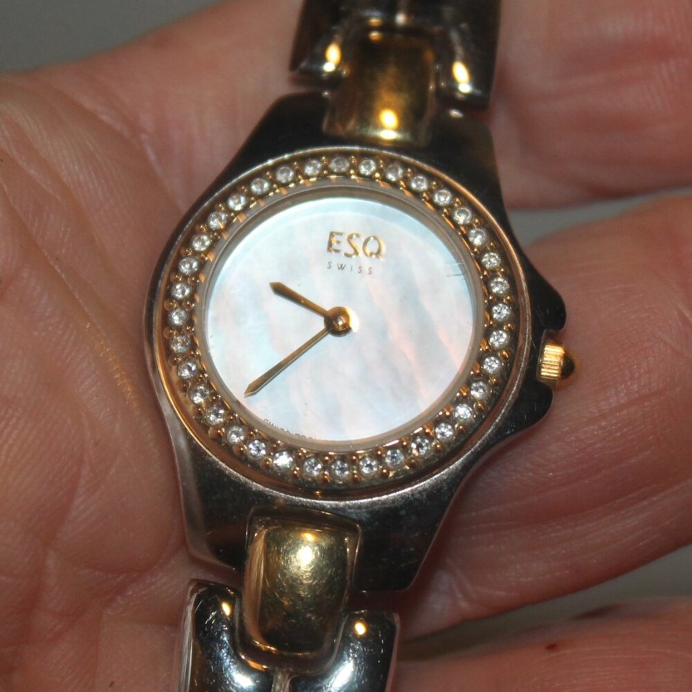 Auth Movado ESQ Swiss Silver & Gold MOP Crystal Dressy Watch